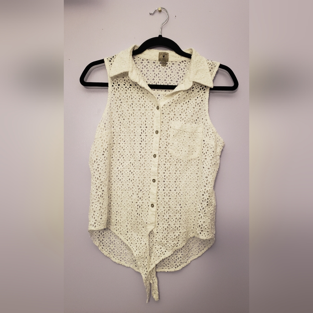 Guess Blouse Floral Cut Out Detail Pocket Tie Front